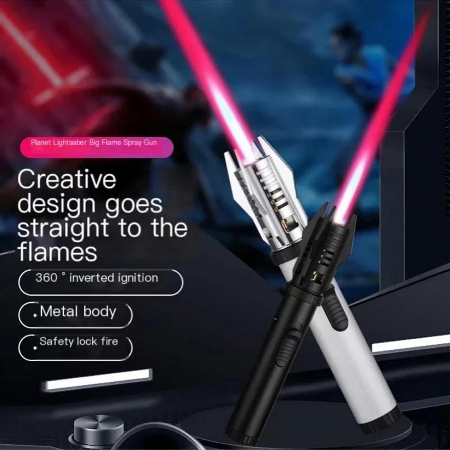 Lightsaber Metal Torch Lighter – Refillable 360° Flame Gun with Safety Lock