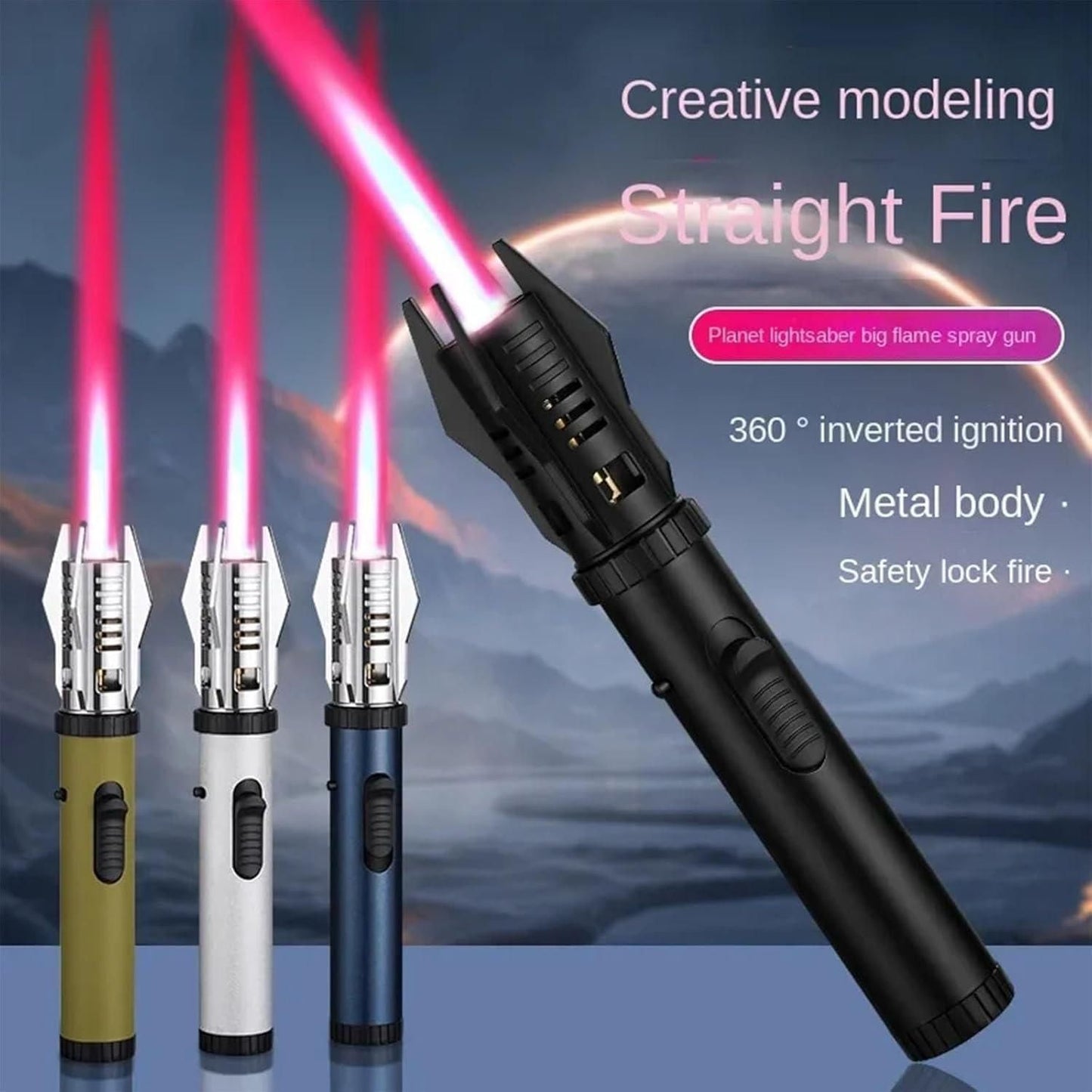 Lightsaber Metal Torch Lighter – Refillable 360° Flame Gun with Safety Lock