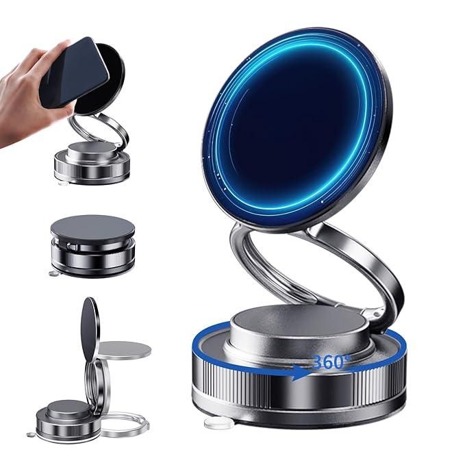 Magnetic Car Phone Holder | 360° Rotating Foldable Mount with Vacuum Suction
