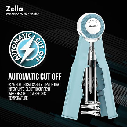Havells Plastic Zella 1500 watts Immersion Heater|Automatic Cut-Off,Temp. Setting,Isi Mark 3 Pin Molded Plug|Protection Cover,Nickel Plating,Smart Switch For Safe Operation,Warranty: 2 Year|(Blue)