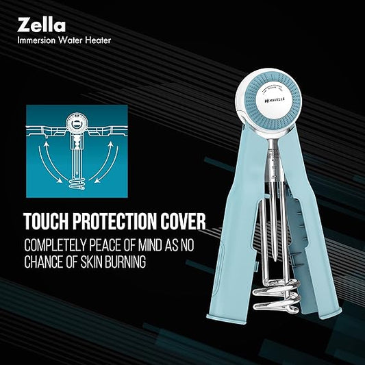 Havells Plastic Zella 1500 watts Immersion Heater|Automatic Cut-Off,Temp. Setting,Isi Mark 3 Pin Molded Plug|Protection Cover,Nickel Plating,Smart Switch For Safe Operation,Warranty: 2 Year|(Blue)