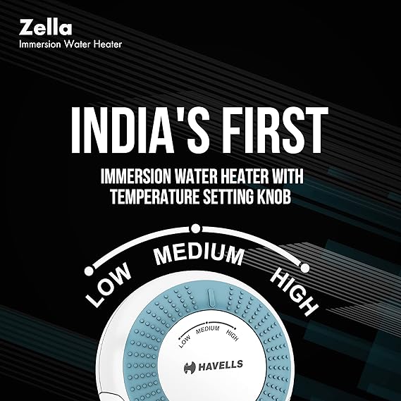 Havells Plastic Zella 1500 watts Immersion Heater|Automatic Cut-Off,Temp. Setting,Isi Mark 3 Pin Molded Plug|Protection Cover,Nickel Plating,Smart Switch For Safe Operation,Warranty: 2 Year|(Blue)